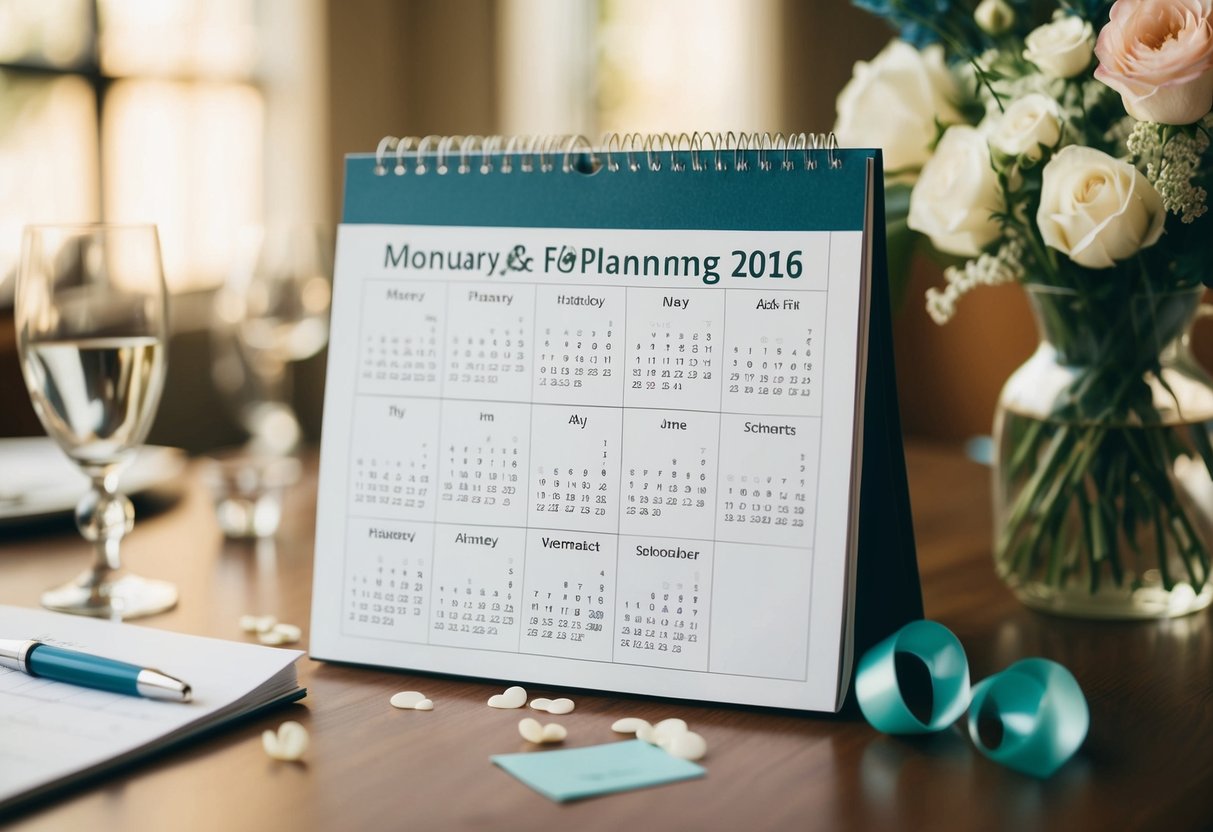 A calendar with wedding planning notes and decorations