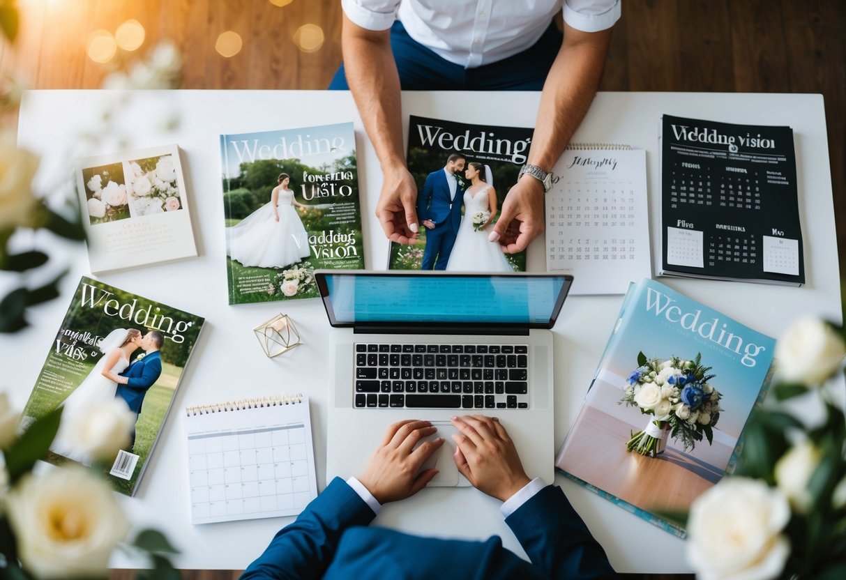 A couple surrounded by wedding magazines, a calendar, and a laptop, discussing and prioritizing their wedding vision