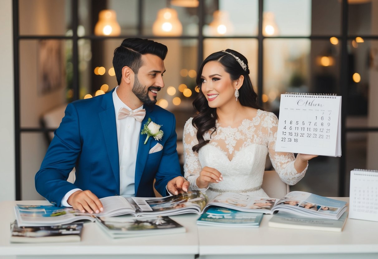 A couple sits at a table, surrounded by wedding magazines and a calendar. They are discussing and planning their wedding, looking excited and focused