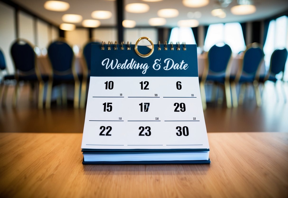 A calendar with a wedding date six months ahead, surrounded by a venue with empty tables and chairs