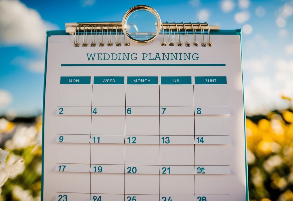 A calendar with wedding planning milestones marked off over 7 months