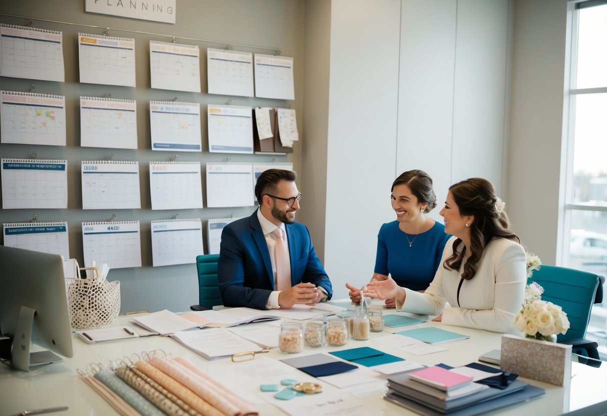 A bustling wedding planning office with calendars, mood boards, and fabric swatches scattered across the desk. A couple sits with a planner, discussing details