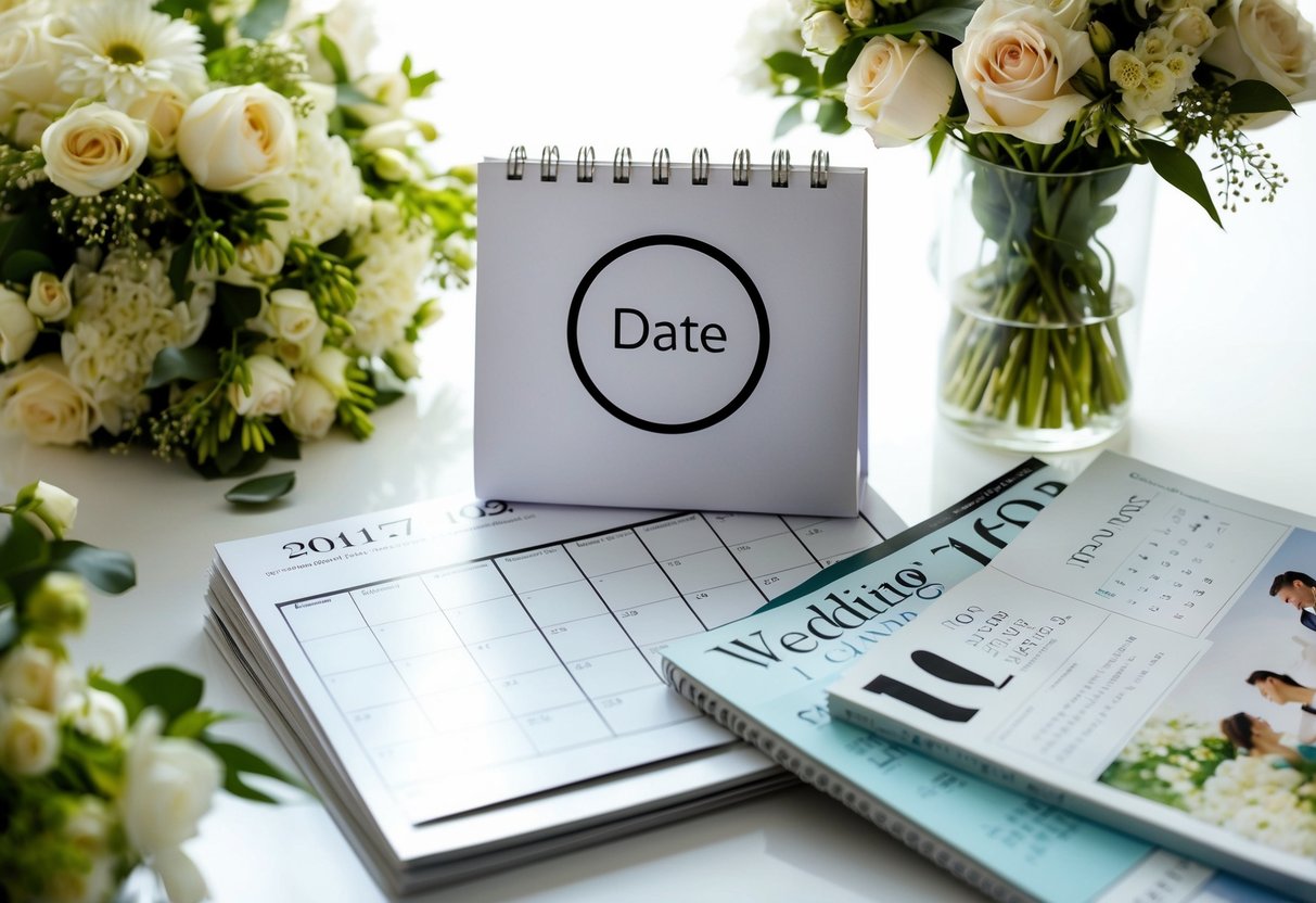 A calendar with a circle around a date, surrounded by wedding magazines and a bouquet of flowers