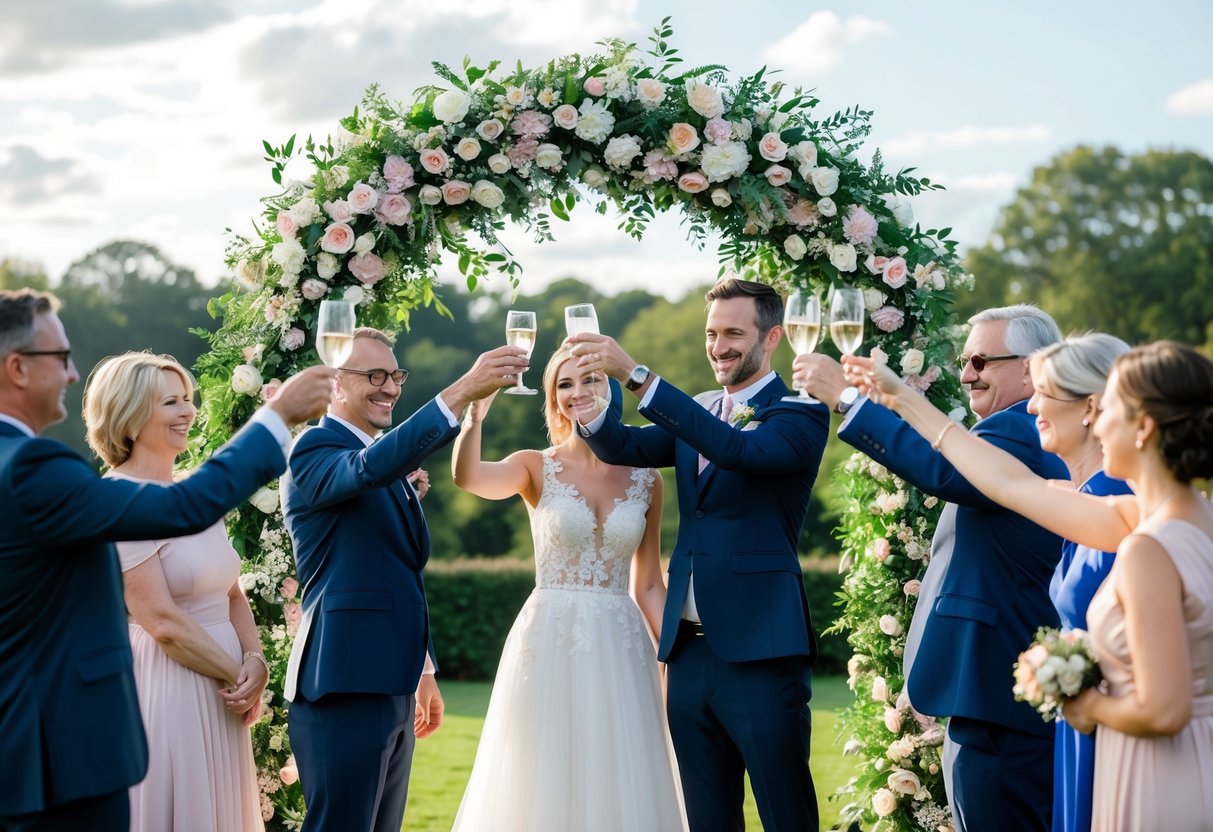 A couple stands beneath a floral arch, surrounded by friends and family, raising glasses in a toast to their union
