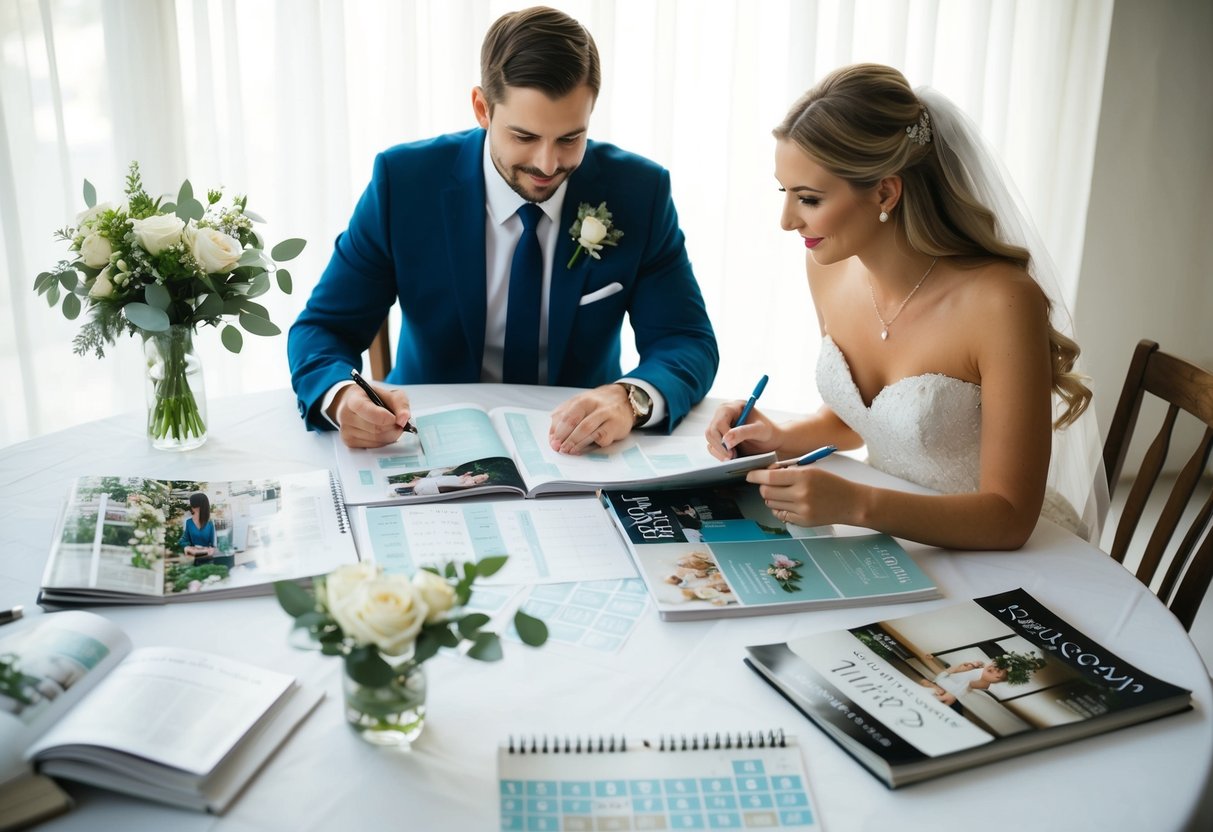 A couple sits at a table covered in wedding magazines and a calendar, discussing plans and making notes