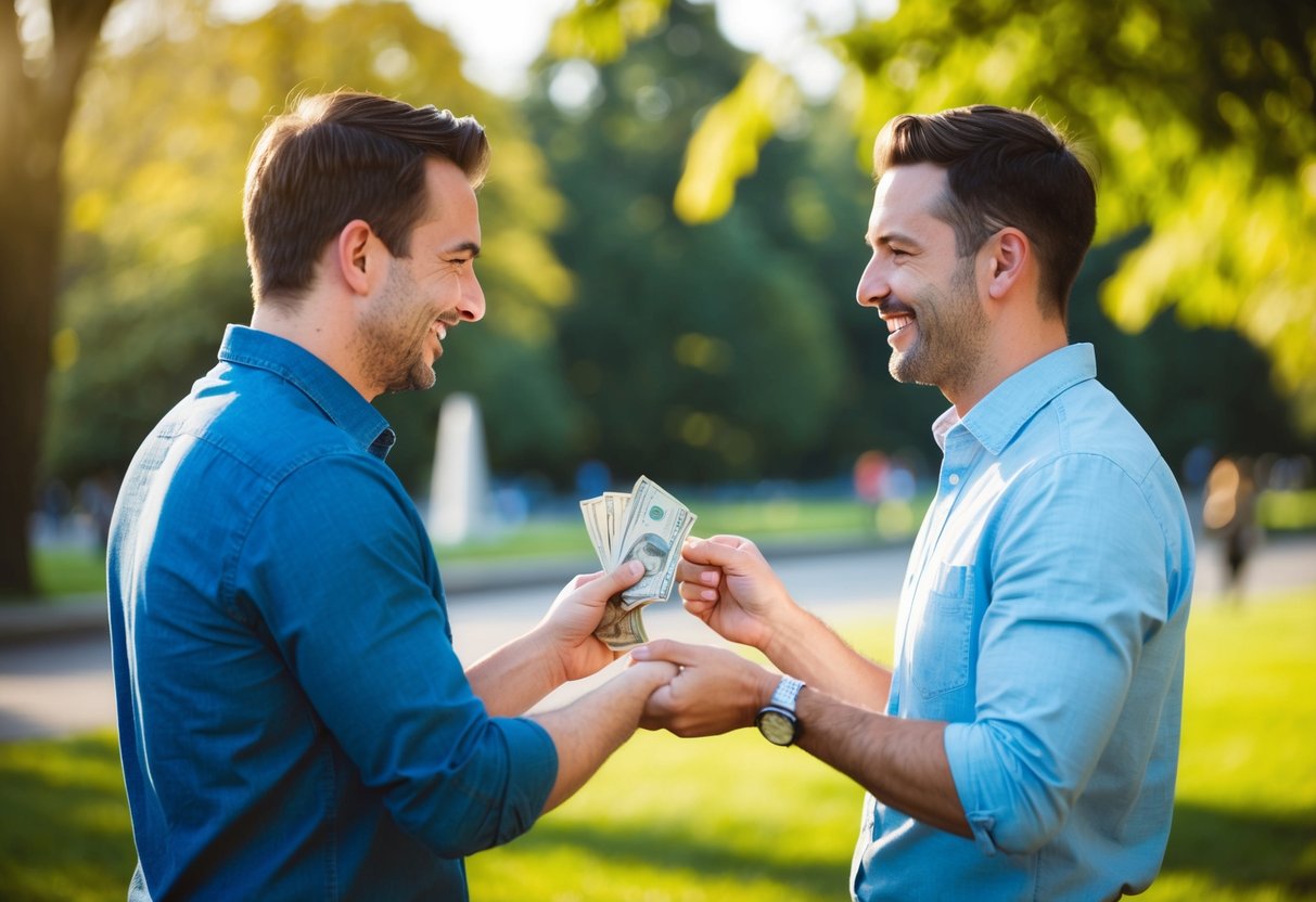 A happy couple hands over cash to a smiling photographer in a sunlit park