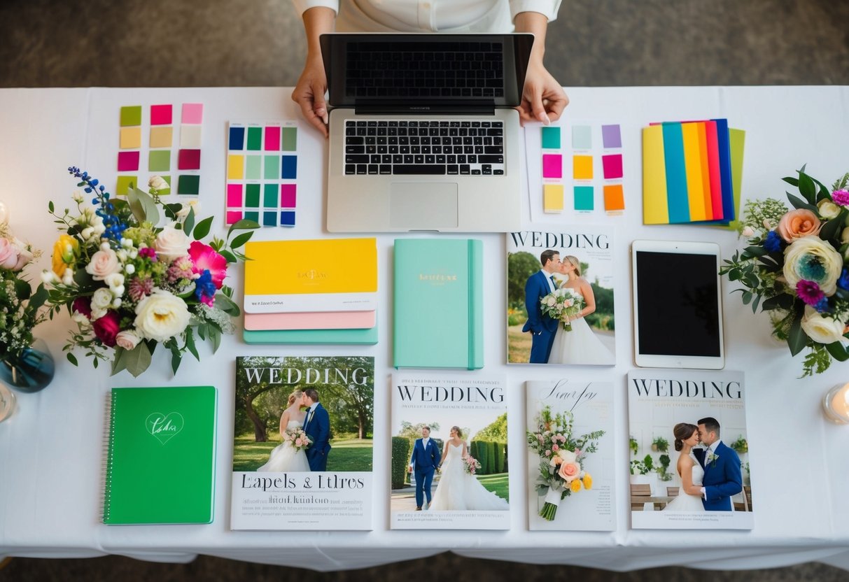 A table covered in wedding magazines, notebooks, and a laptop surrounded by colorful swatches and floral arrangements