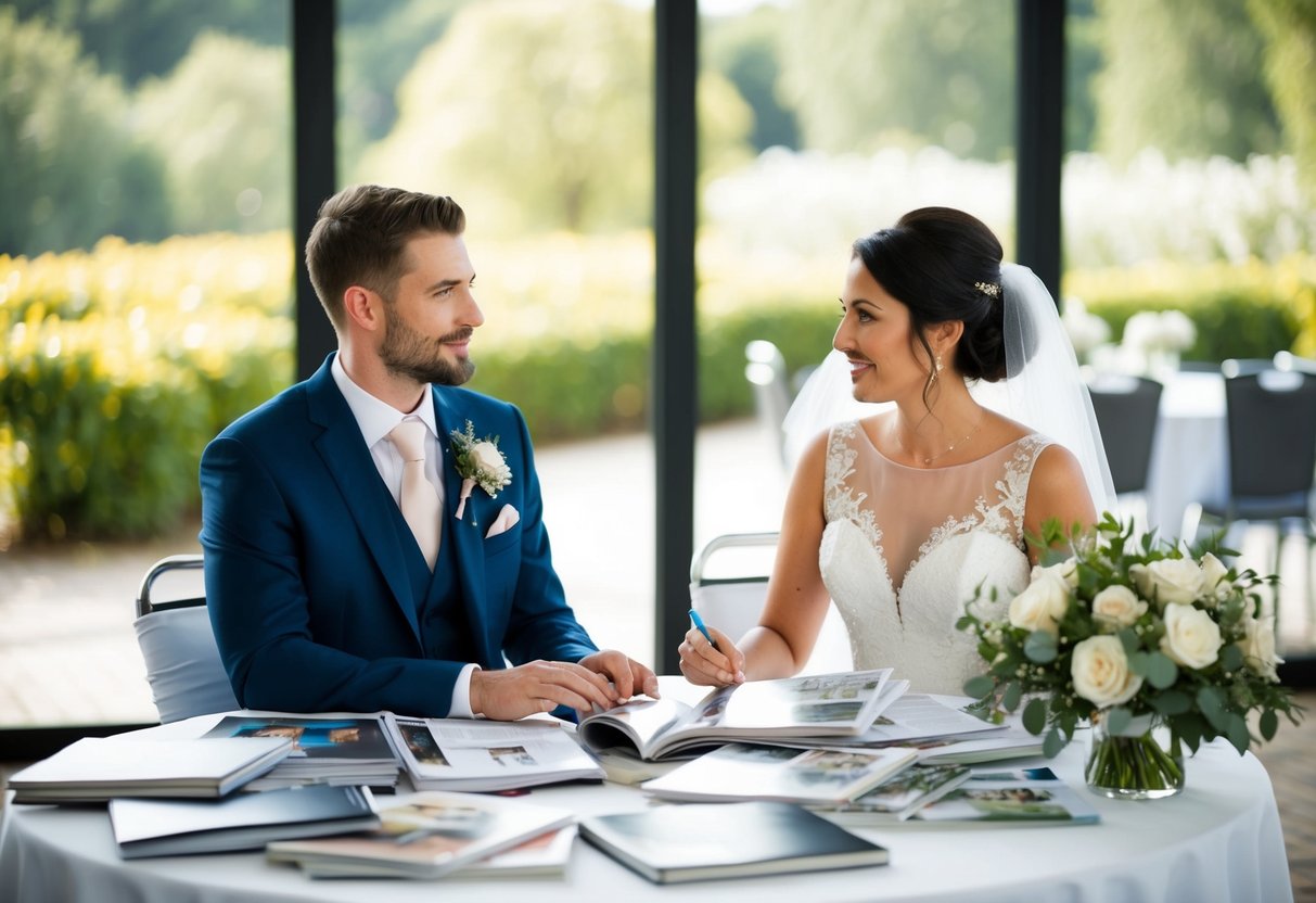 A bride and groom sit at a table covered in wedding magazines and notebooks, discussing their vision and budget for their upcoming wedding
