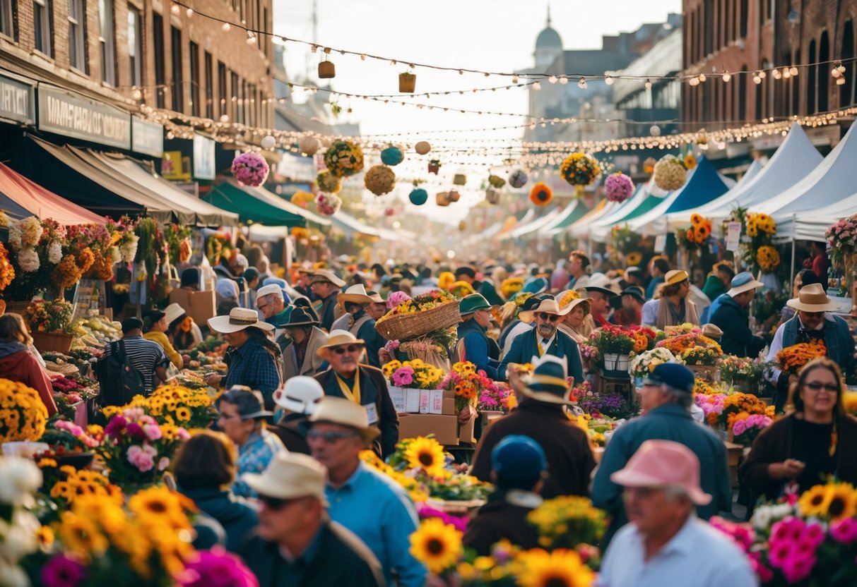 A whirlwind of vendors, flowers, and decorations converging in a frenzy of activity, creating a chaotic yet exhilarating atmosphere