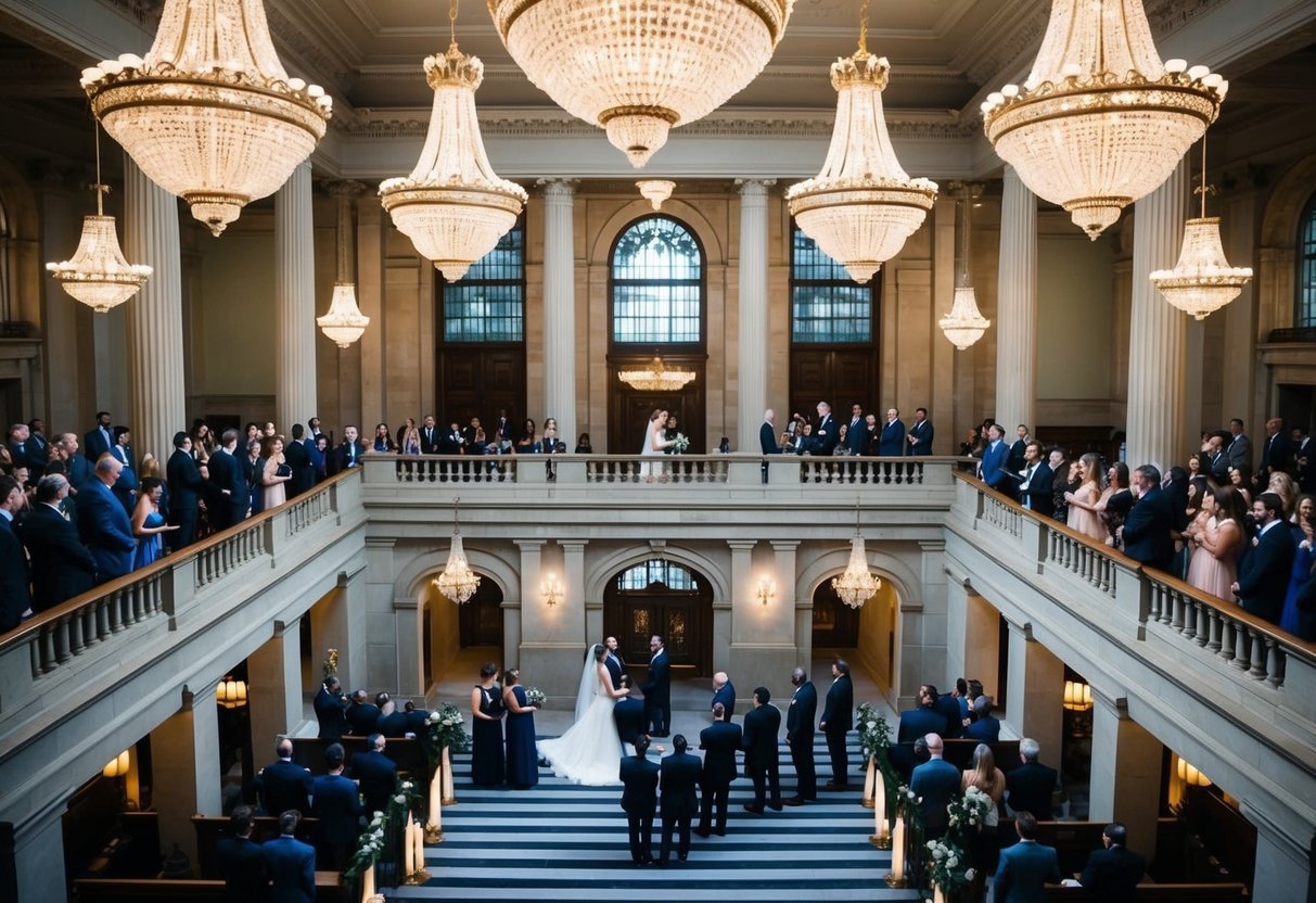 A bustling city hall with a grand staircase and ornate chandeliers, set for a wedding ceremony