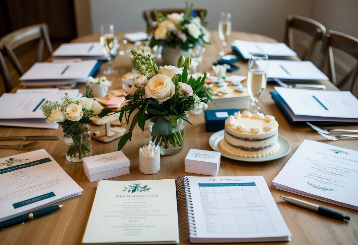 A table covered in wedding planning materials: invitations, flowers, cake samples, and a notebook filled with to-do lists and timelines