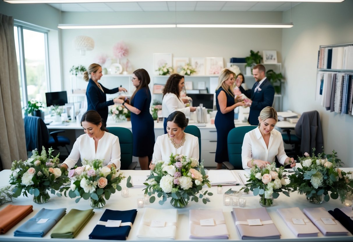 A bustling wedding planner's office, filled with fabric swatches, flower arrangements, and a busy team coordinating last-minute details