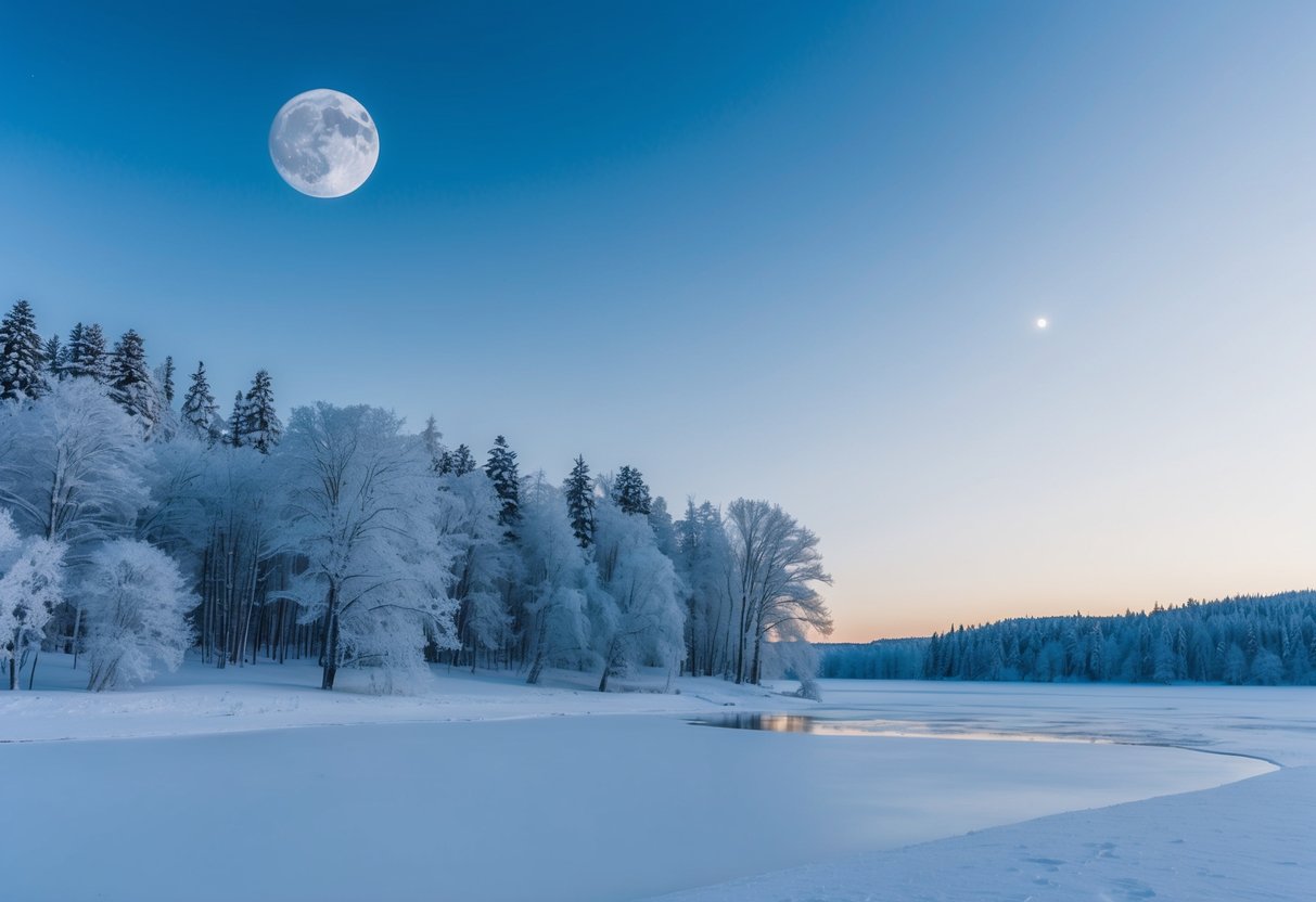 A serene winter landscape with snow-covered trees and a frozen lake, under a clear sky with a full moon