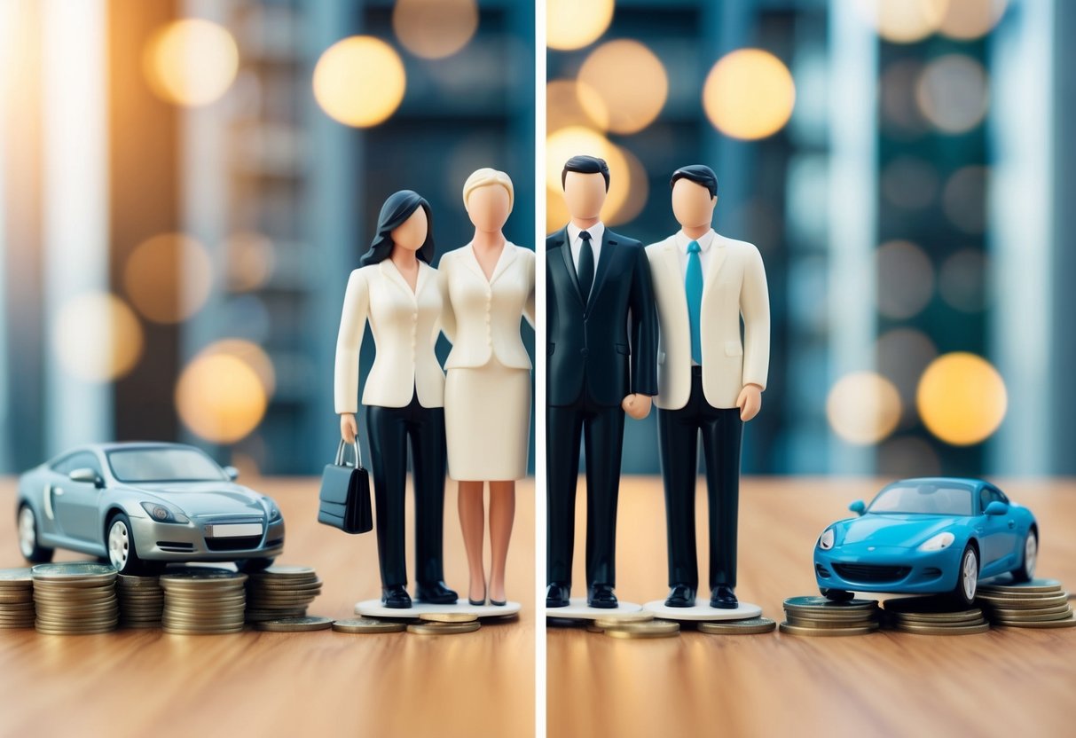 A couple stands side by side, surrounded by a variety of assets including a house, car, and bank account, each split in half