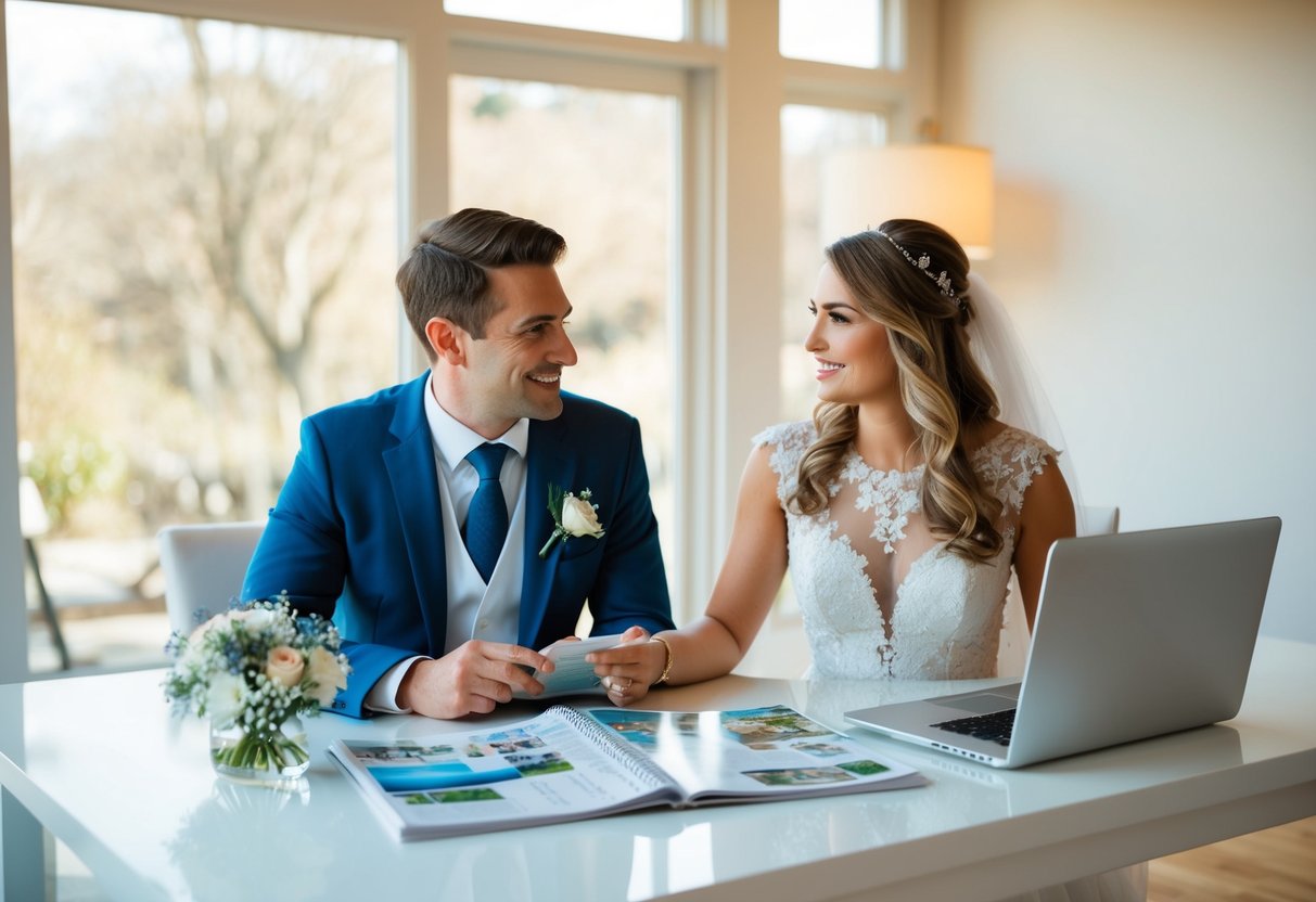 A couple sits at a table with a calendar, wedding magazines, and a laptop, discussing and planning their upcoming nuptials