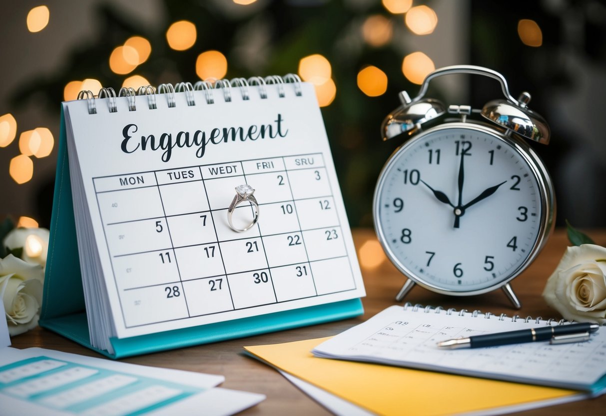A calendar with a ring on the date of engagement, surrounded by wedding planning materials and a countdown clock