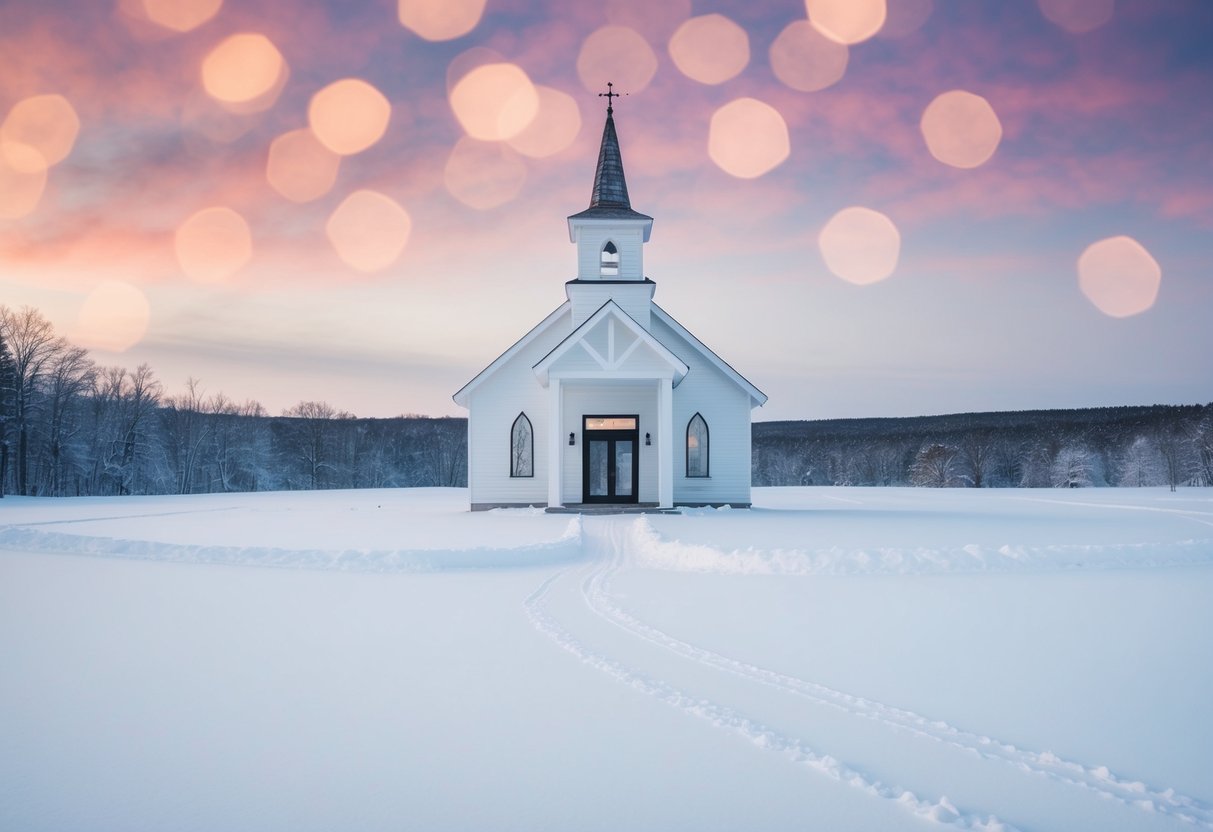 A barren wedding chapel in the midst of a snow-covered landscape