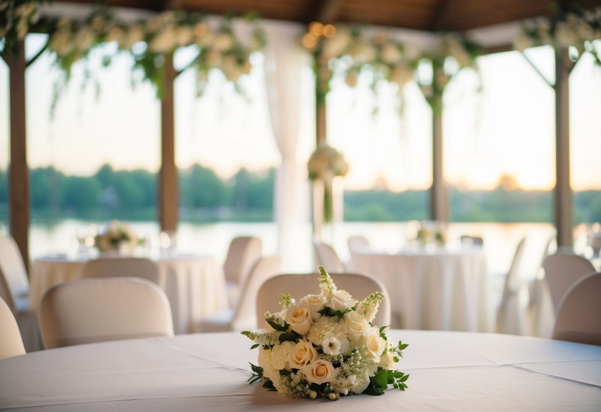 A serene, empty wedding venue in a tranquil setting, with soft natural lighting and blooming flowers in the background