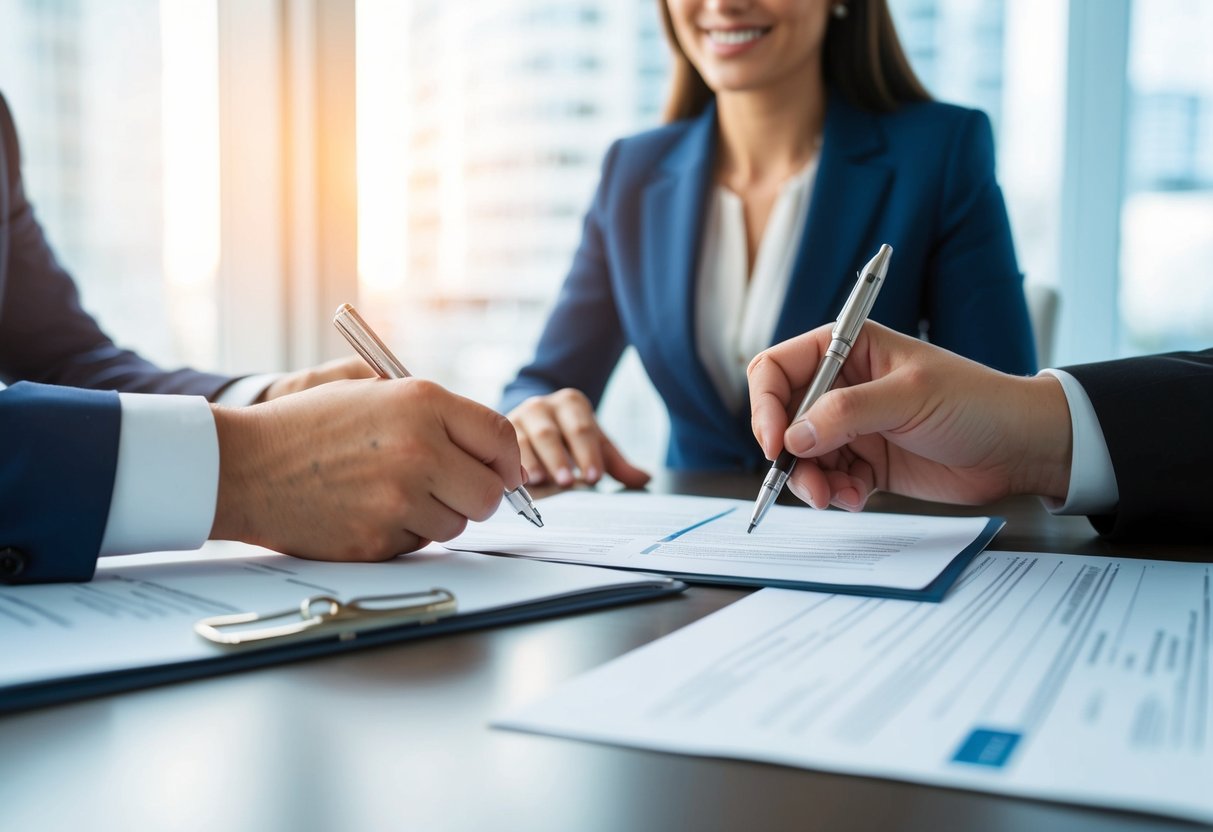A couple signing legal documents at a lawyer's office, with a focus on financial papers and a marriage contract