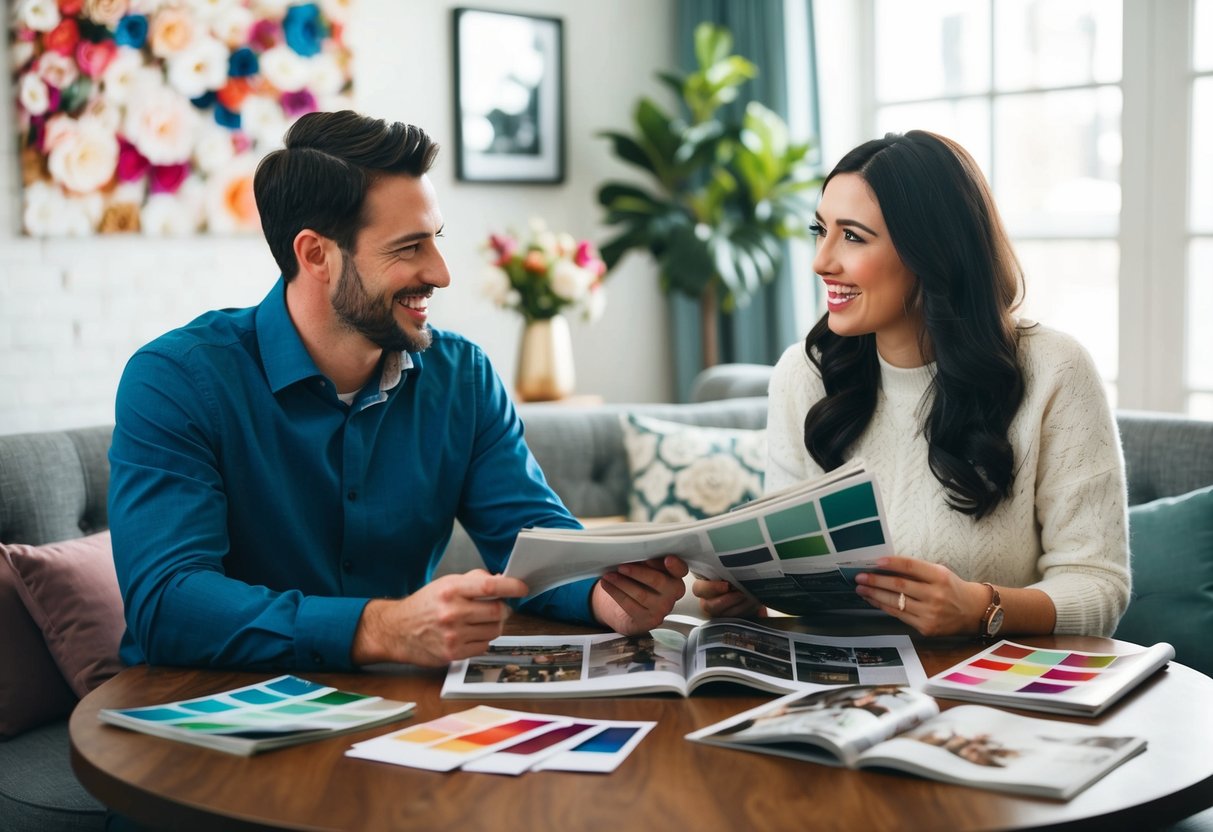 A newly engaged couple sits at a cozy table, surrounded by wedding magazines and color swatches. They excitedly discuss themes and outfits for their upcoming nuptials