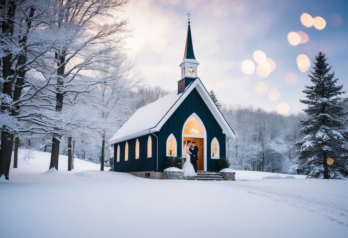 A serene winter landscape with a quaint chapel nestled among snow-covered trees, with a couple planning their wedding inside