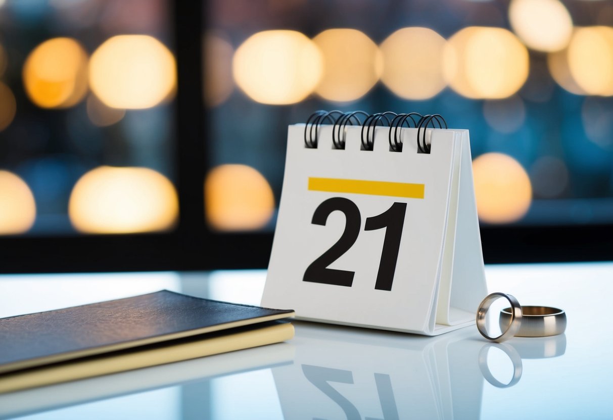 A calendar with a highlighted date and a ring on a table beside it
