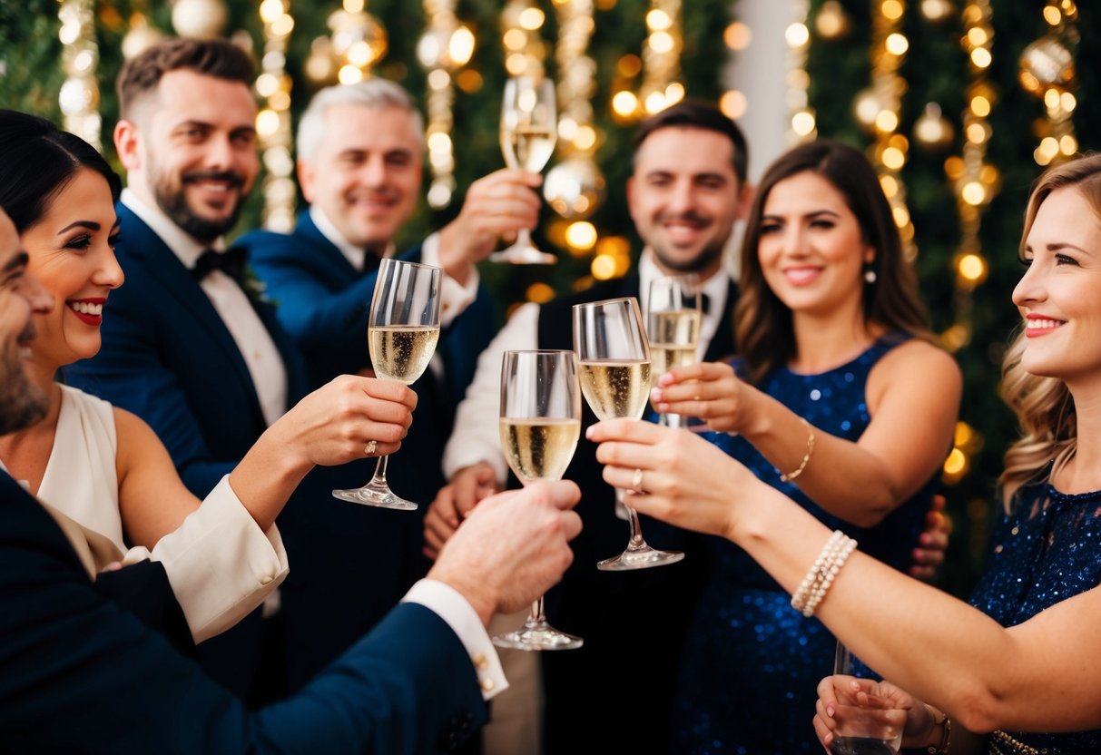 Guests raising glasses in a festive setting with a decorative backdrop