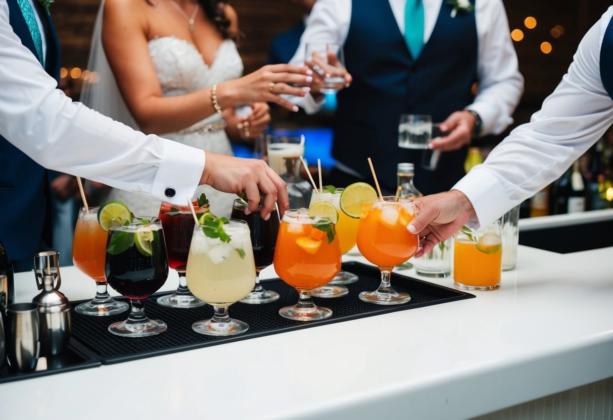 Guests selecting from a variety of drink options at a wedding bar, with a bartender ready to serve