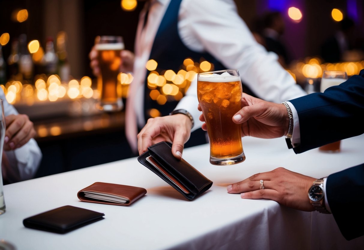 Guest holding a beverage and reaching for a wallet at a wedding reception bar