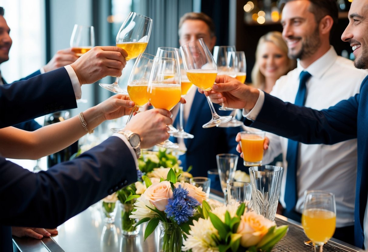 Guests raise glasses in a toast, clinking them together in celebration. A bartender mixes drinks at a sleek, modern bar adorned with fresh flowers and elegant glassware