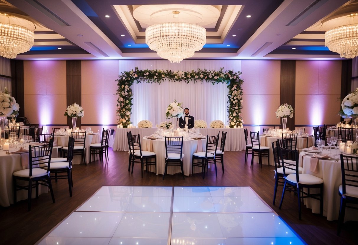 A wedding reception with tables set for dining and a dance floor, surrounded by decorative lights and flowers