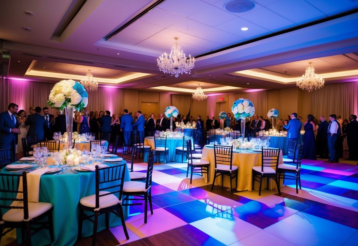 A colorful wedding reception with tables set for a large number of guests, a dance floor, and a festive atmosphere
