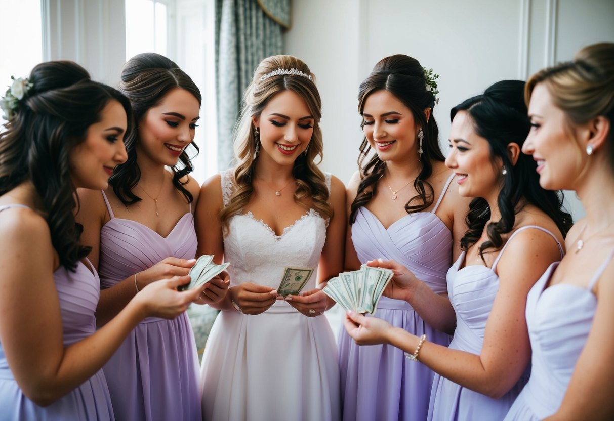 A group of bridesmaids pooling money together and discussing payment for dresses, accessories, and other wedding expenses in the UK