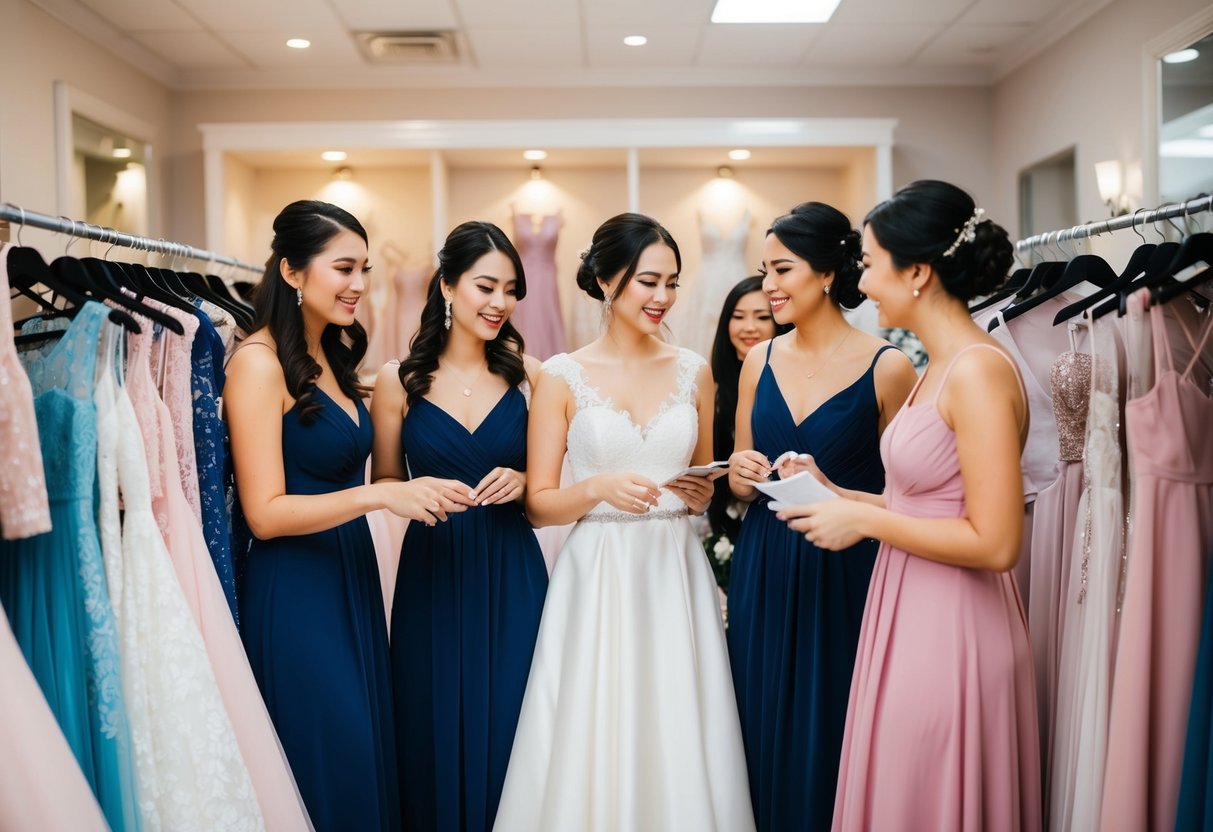 A group of bridesmaids browsing through a variety of dresses and accessories at a bridal shop, discussing the costs and options for their upcoming friend's wedding