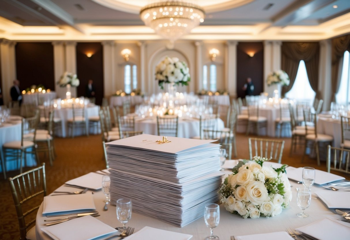 A grand venue with elegant decor, tables set for a large gathering, and a stack of beautiful invitations ready to be sent out