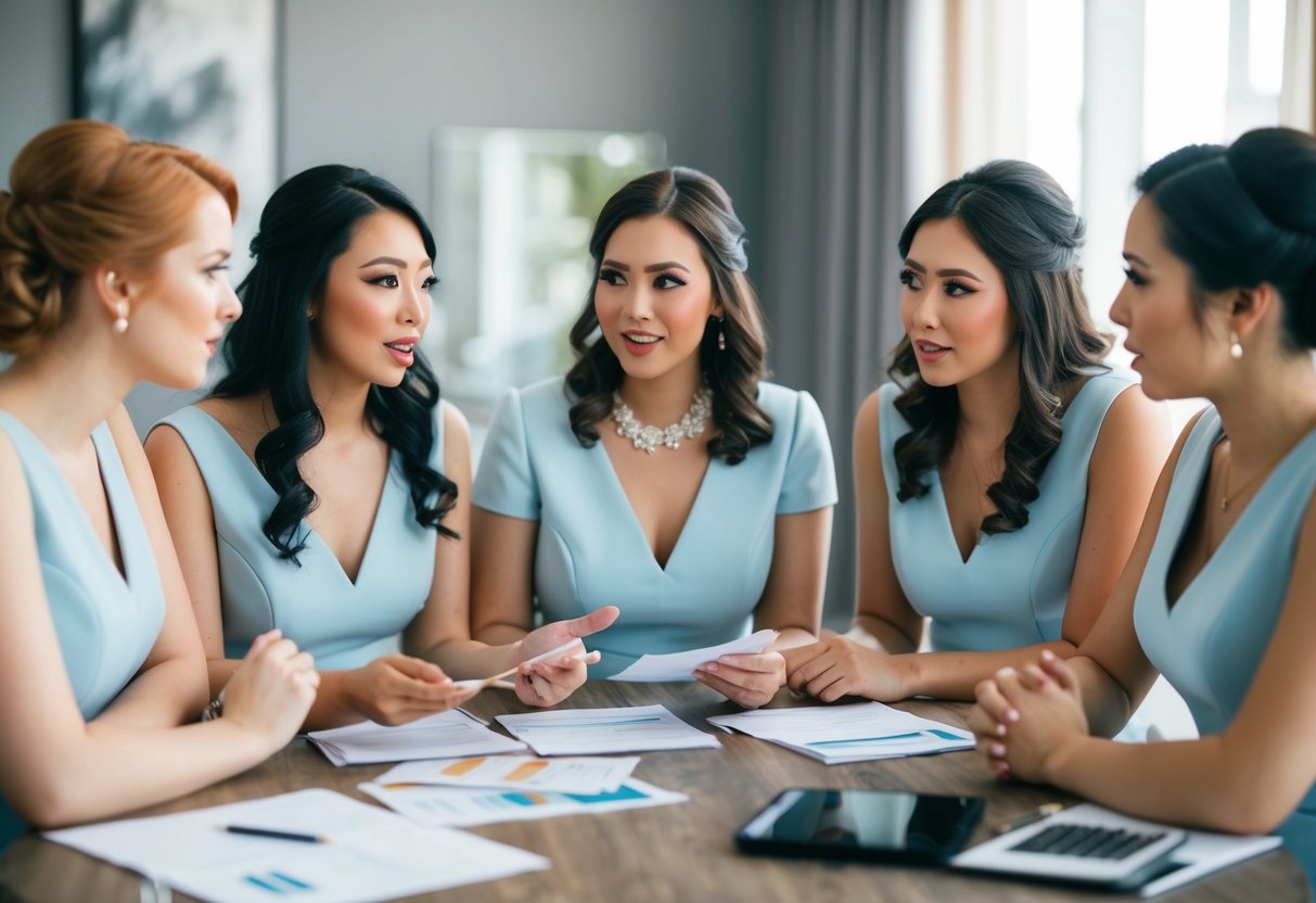 A group of bridesmaids discussing finances, with a focus on budgeting and cost-sharing for various wedding-related expenses