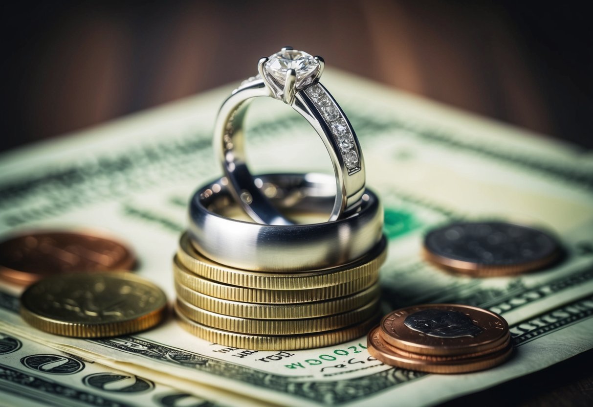 A wedding ring resting on a stack of bills and coins