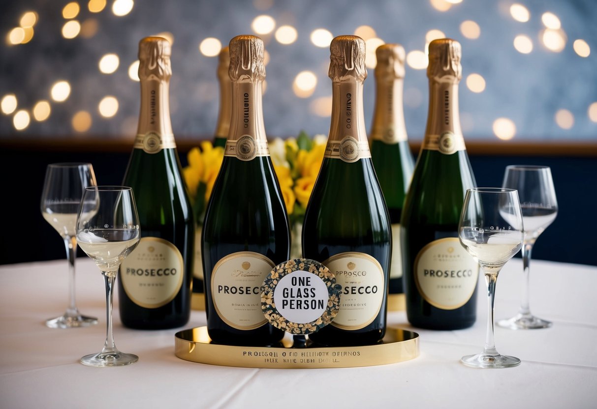 Bottles of prosecco arranged on a table, with elegant glasses and a decorative sign indicating "one glass per person."