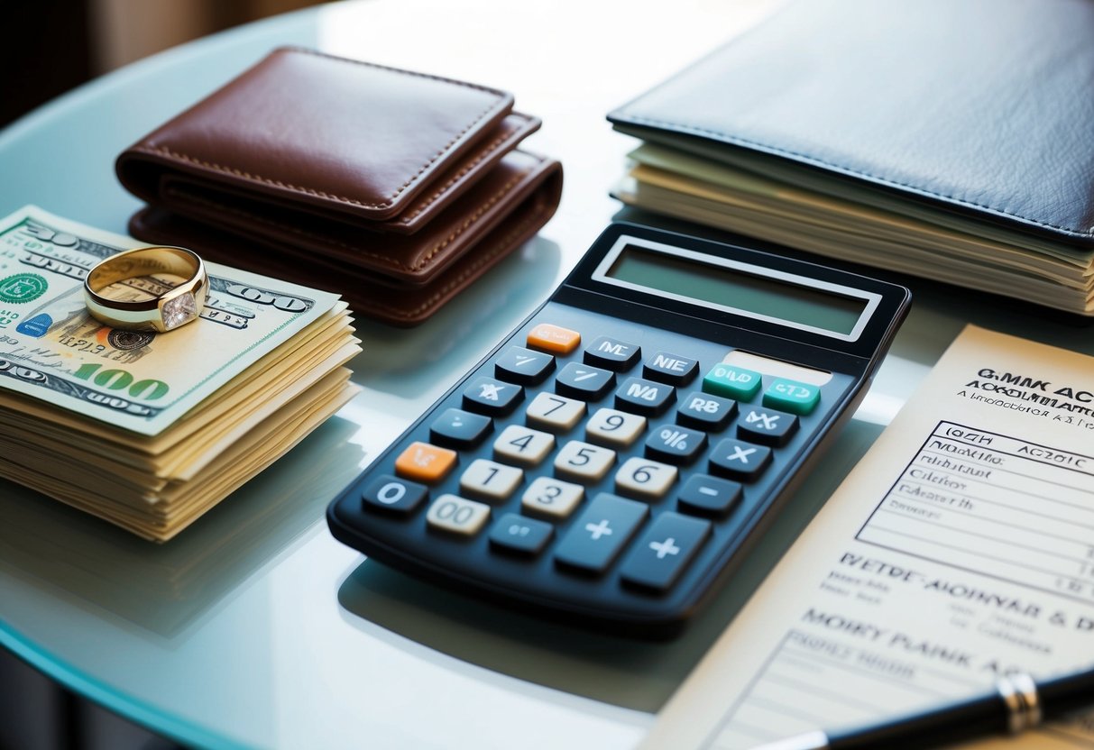 A wedding ring and a calculator side by side on a table, with a stack of bills and a single person's wallet on one side, and a joint bank account statement on the other