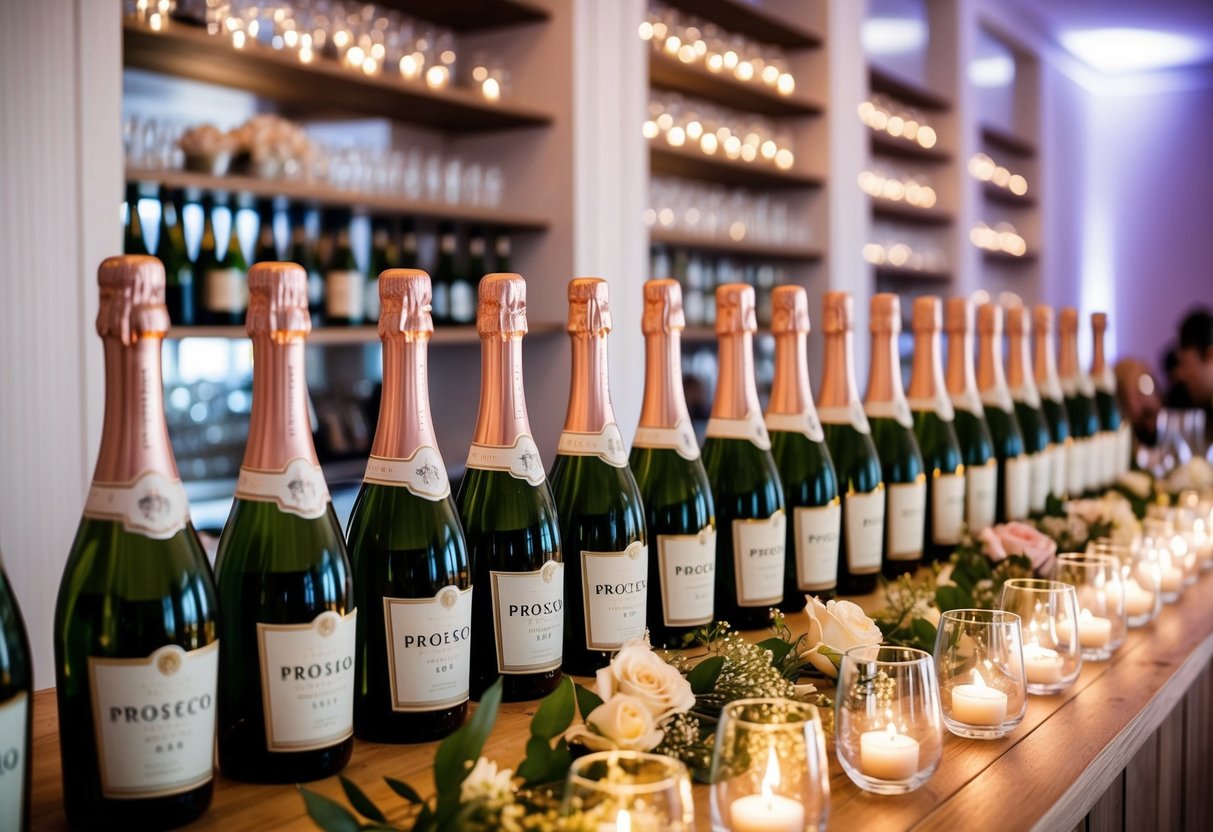 A wedding bar with rows of prosecco bottles and glasses, adorned with floral decorations and soft lighting