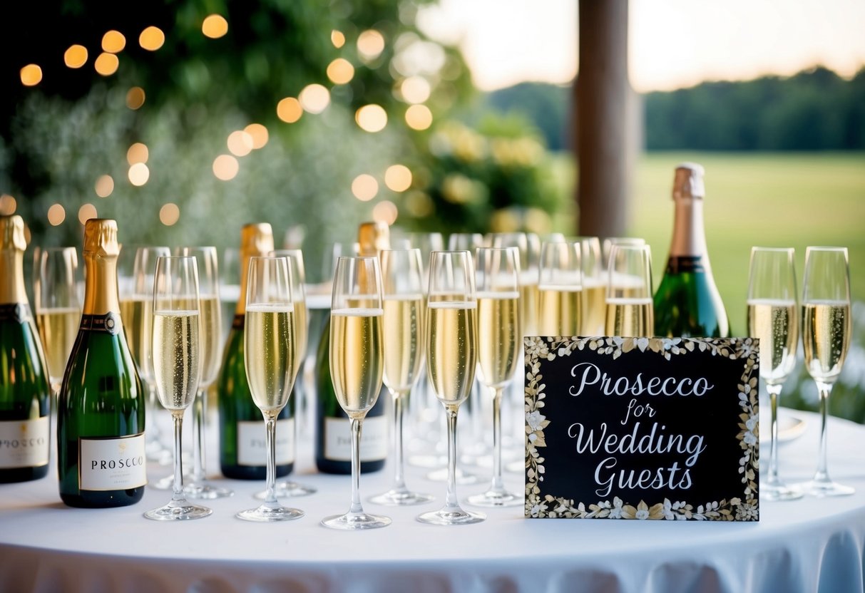 A table adorned with an array of sparkling wines, champagne flutes, and a decorative sign indicating "Prosecco for Wedding Guests."