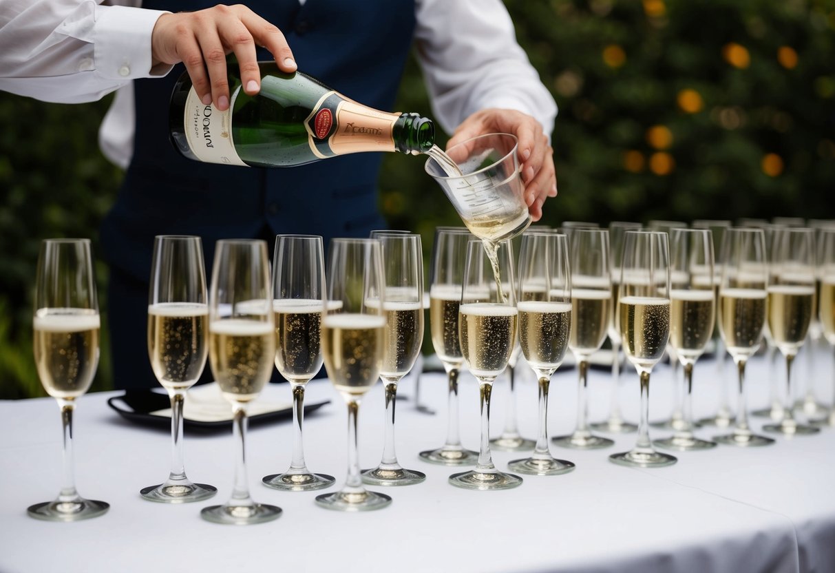A table with rows of champagne flutes, each filled with a measured amount of prosecco. A waiter pours from a bottle into a glass measuring cup
