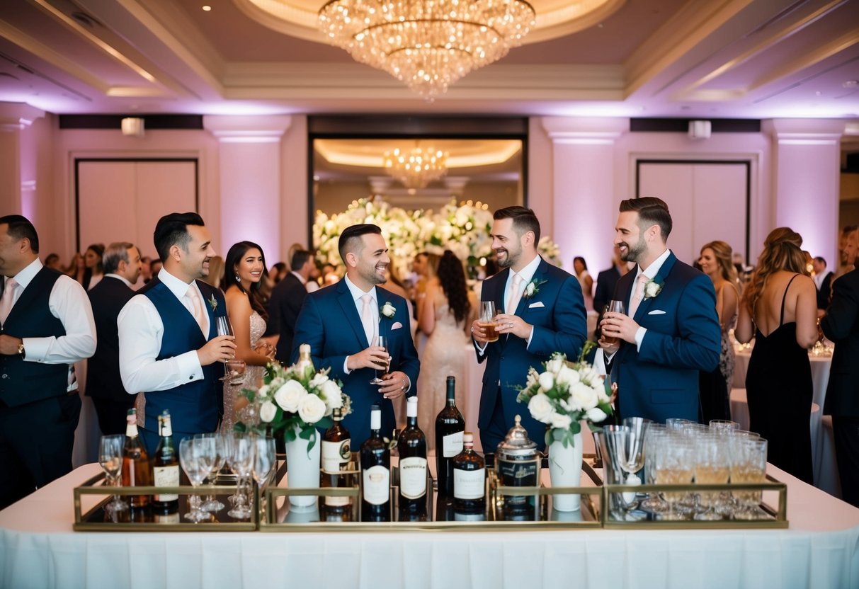 A lavish wedding reception with a fully stocked open bar and guests enjoying drinks and conversation