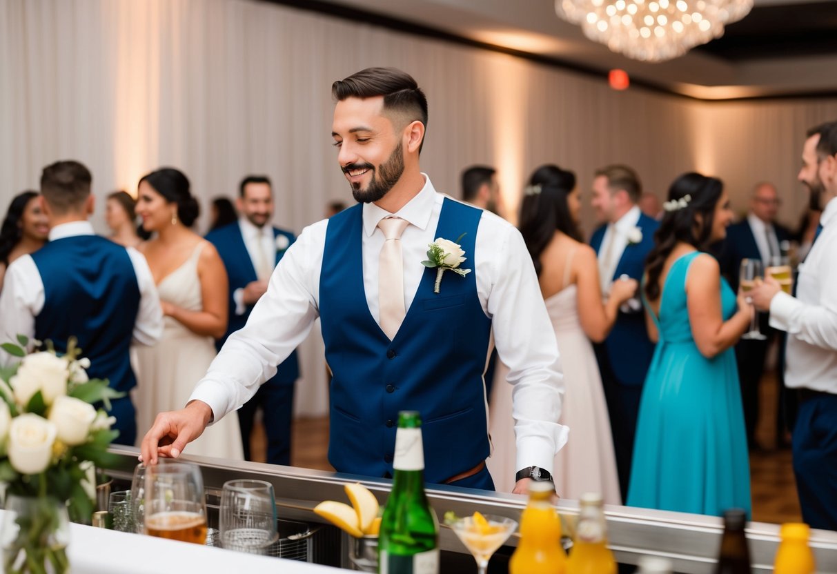 A wedding reception scene with a bartender serving drinks at an open bar, with guests mingling and socializing in the background