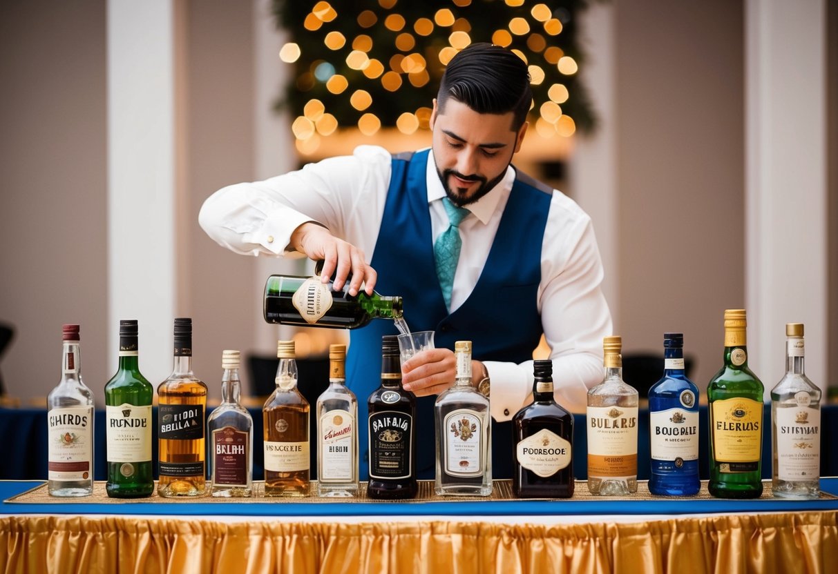 A bartender pouring drinks at a wedding reception, with a variety of alcohol bottles displayed on a decorated bar counter