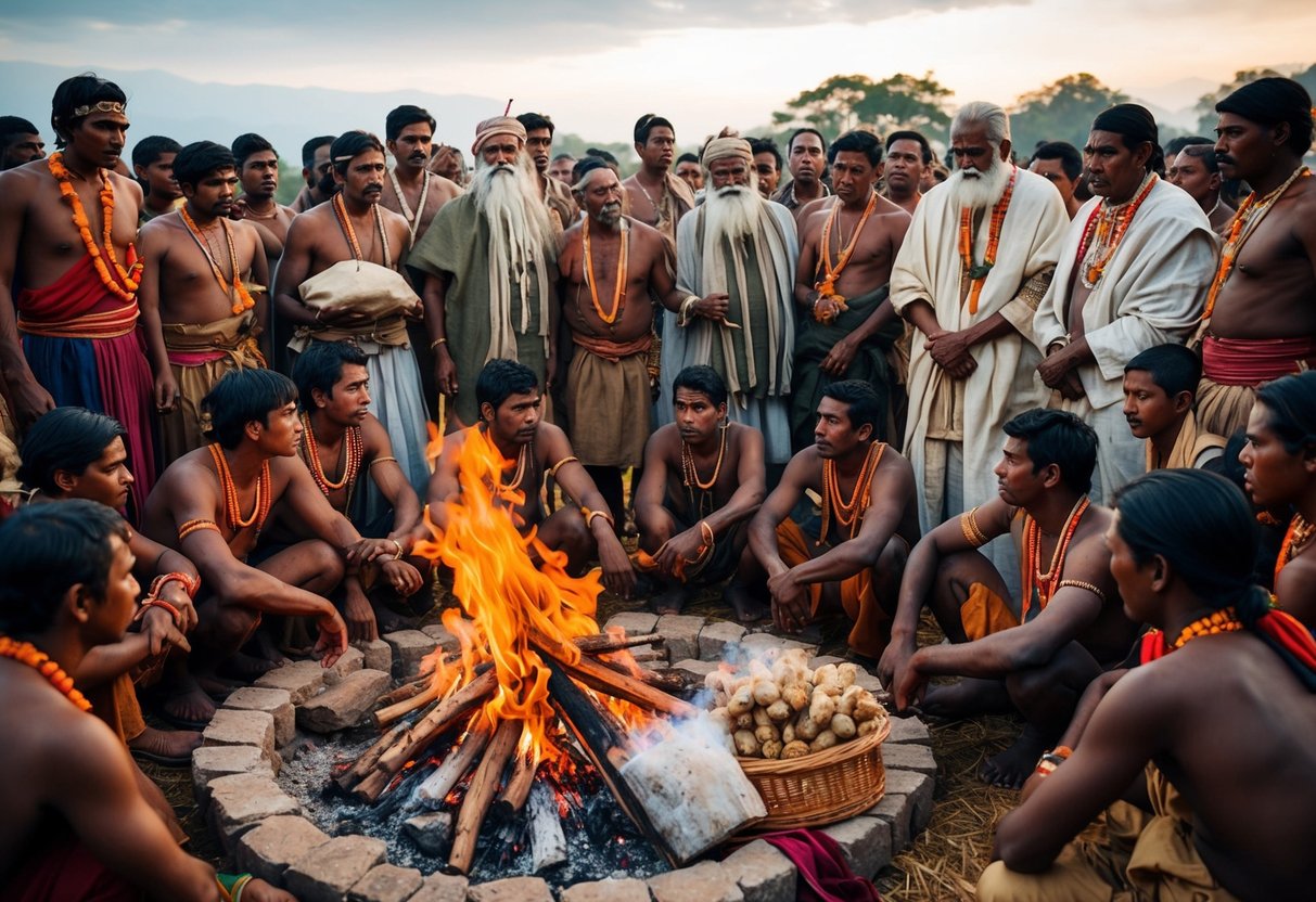 A group of villagers gather around a ceremonial fire, with elders discussing bride price while young men and women look on. The exchange of goods and livestock is displayed prominently