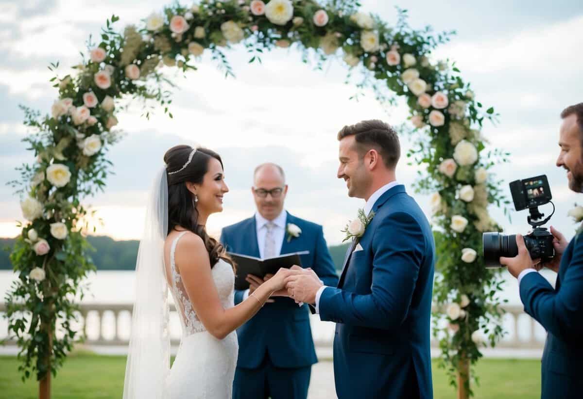 A bride and groom exchanging vows under a beautiful floral arch, with a professional photographer and videographer capturing every moment