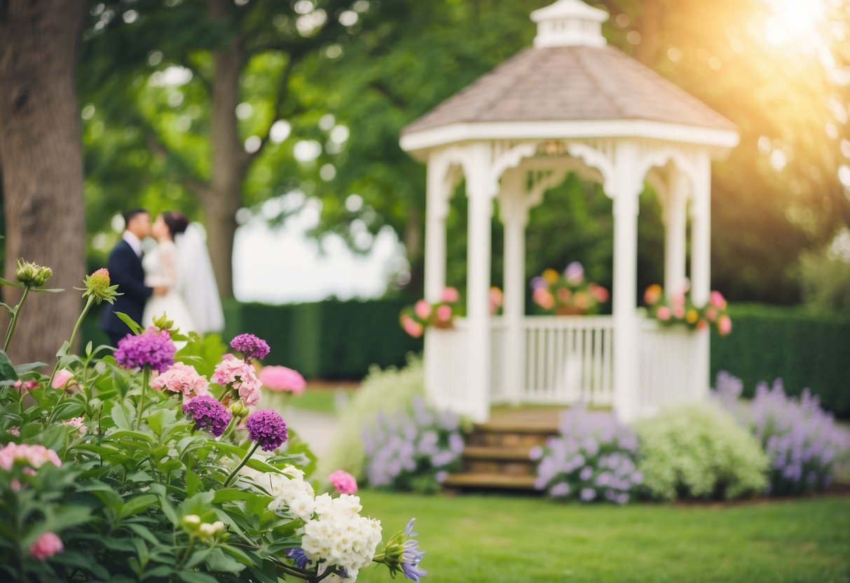 A small, intimate outdoor wedding with a quaint gazebo and blooming flowers