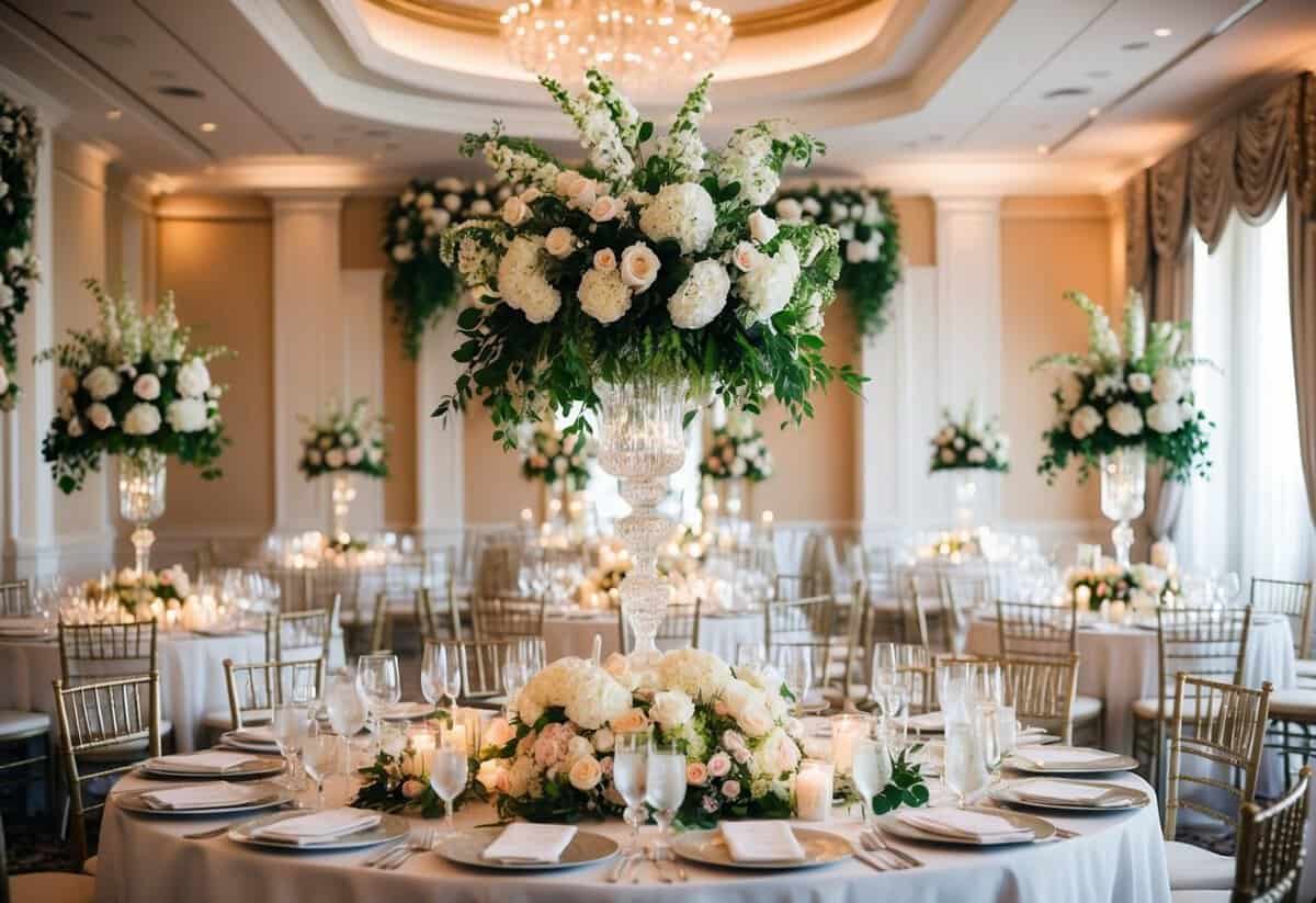A lavish wedding venue adorned with opulent floral arrangements and ornate decorations