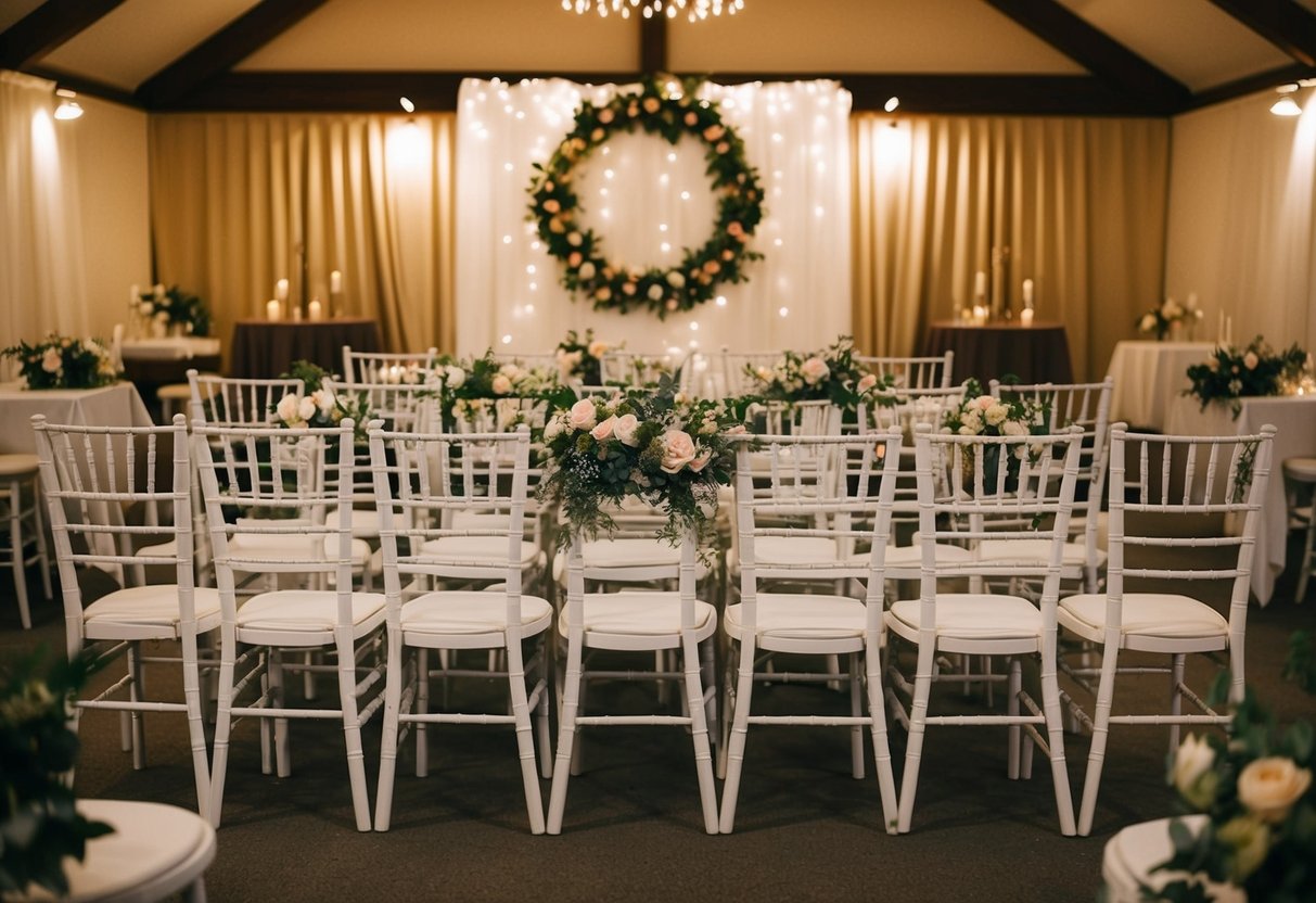 A small wedding venue with 40 chairs arranged in a cozy setting, adorned with floral decorations and ambient lighting